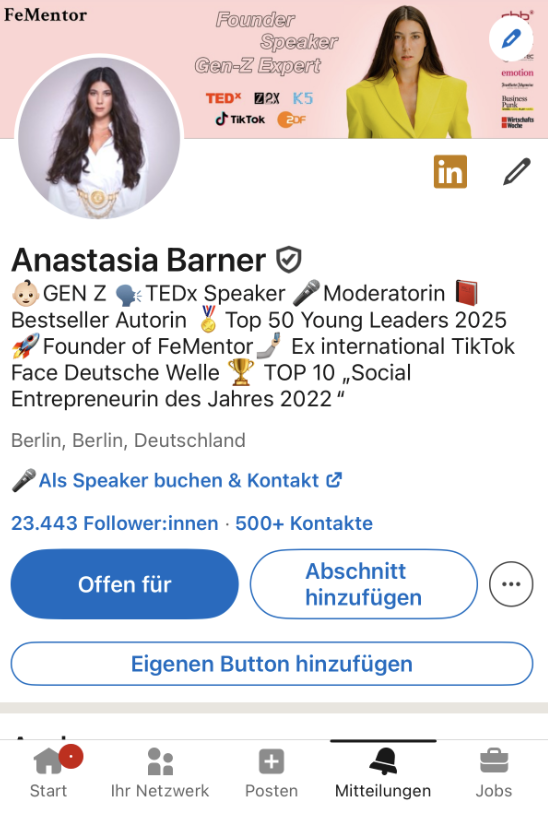 Anastasia Barner LinkedIn Profil – Keynote Speakerin und Gen Z Expertin